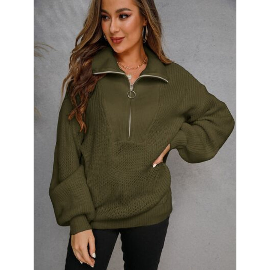 Half Zip Dropped Shoulder Sweater Army Green / S Apparel and Accessories