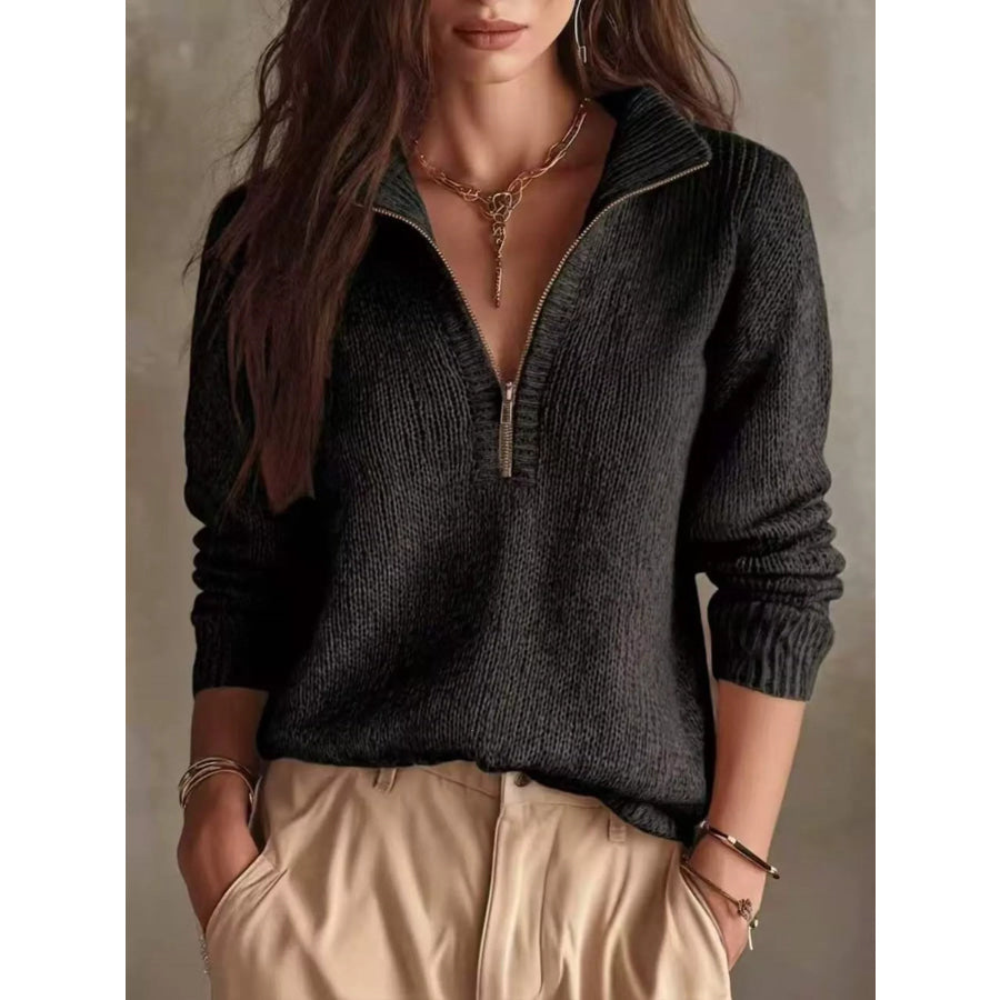 Half Zip Dropped Shoulder Sweater Black / S Apparel and Accessories