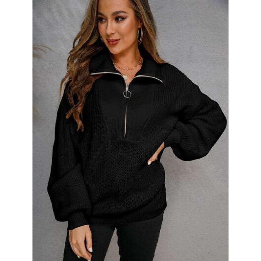 Half Zip Dropped Shoulder Sweater Black / S Apparel and Accessories