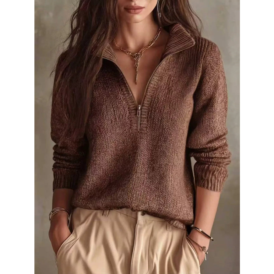 Half Zip Dropped Shoulder Sweater Brown / S Apparel and Accessories
