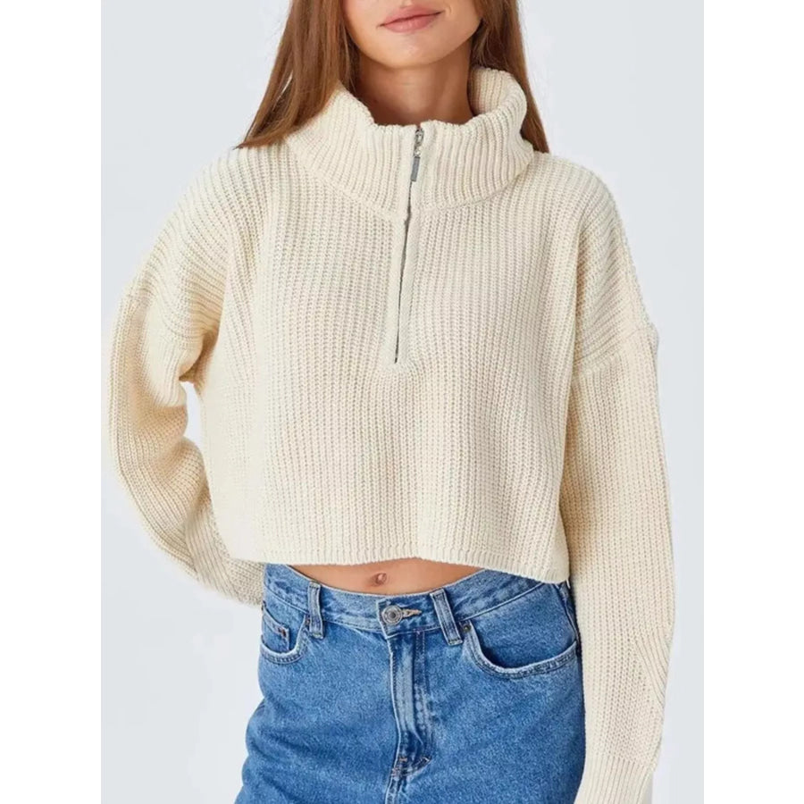 Half Zip Dropped Shoulder Sweater Cream / One Size Apparel and Accessories