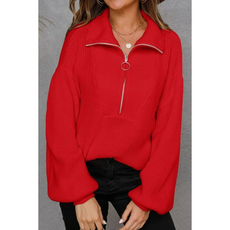 Half Zip Dropped Shoulder Sweater Deep Red / S Apparel and Accessories