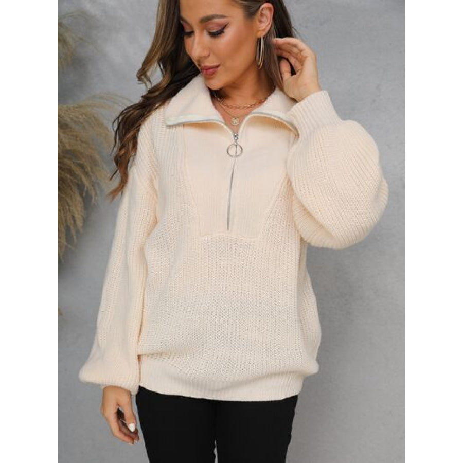 Half Zip Dropped Shoulder Sweater Ivory / S Apparel and Accessories