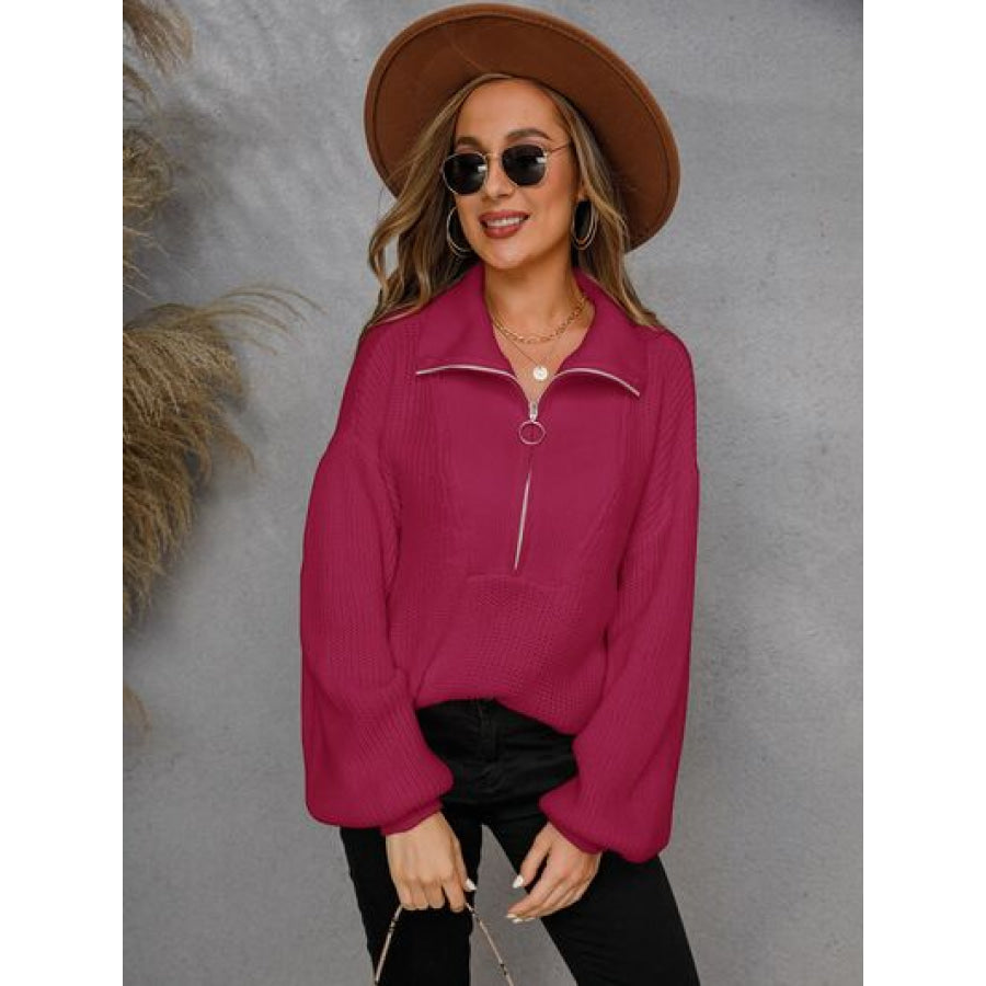 Half Zip Dropped Shoulder Sweater Magenta / S Apparel and Accessories