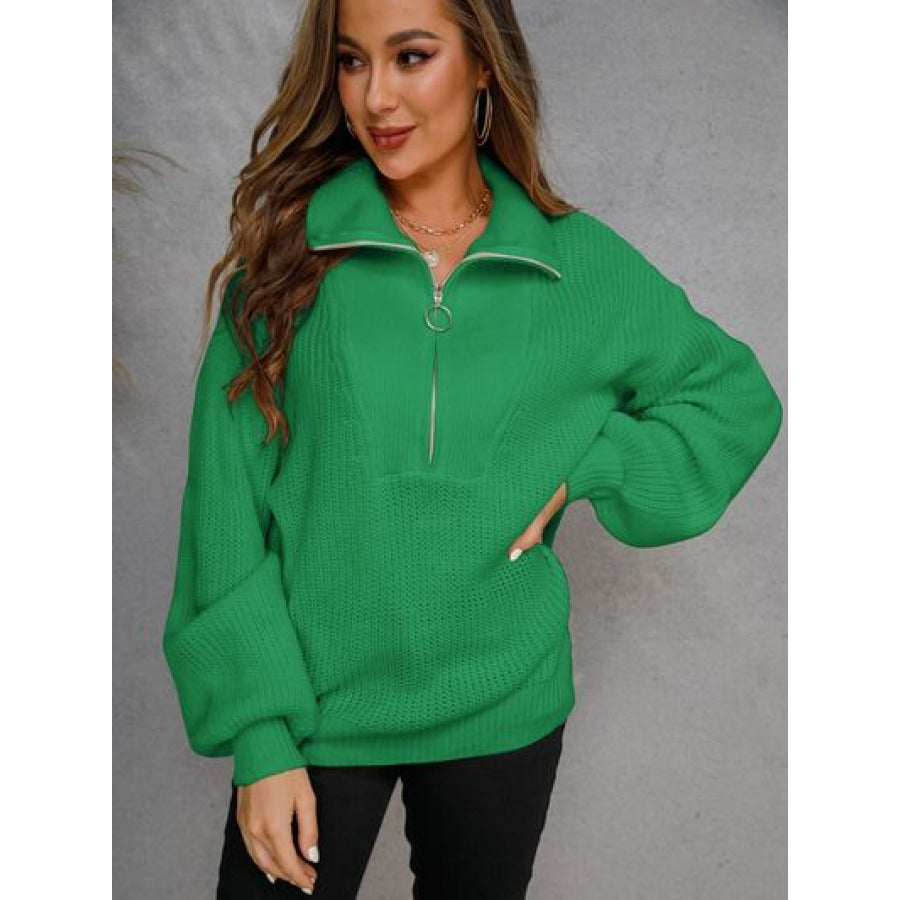 Half Zip Dropped Shoulder Sweater Mid Green / S Apparel and Accessories
