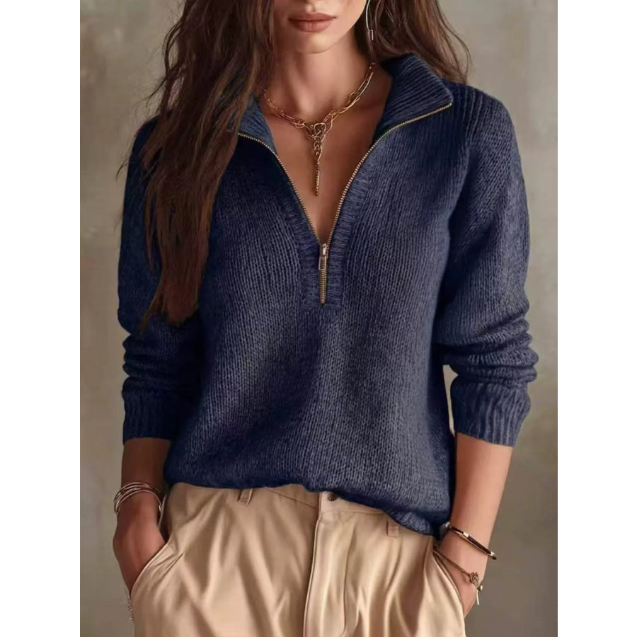 Half Zip Dropped Shoulder Sweater Navy Blue / S Apparel and Accessories