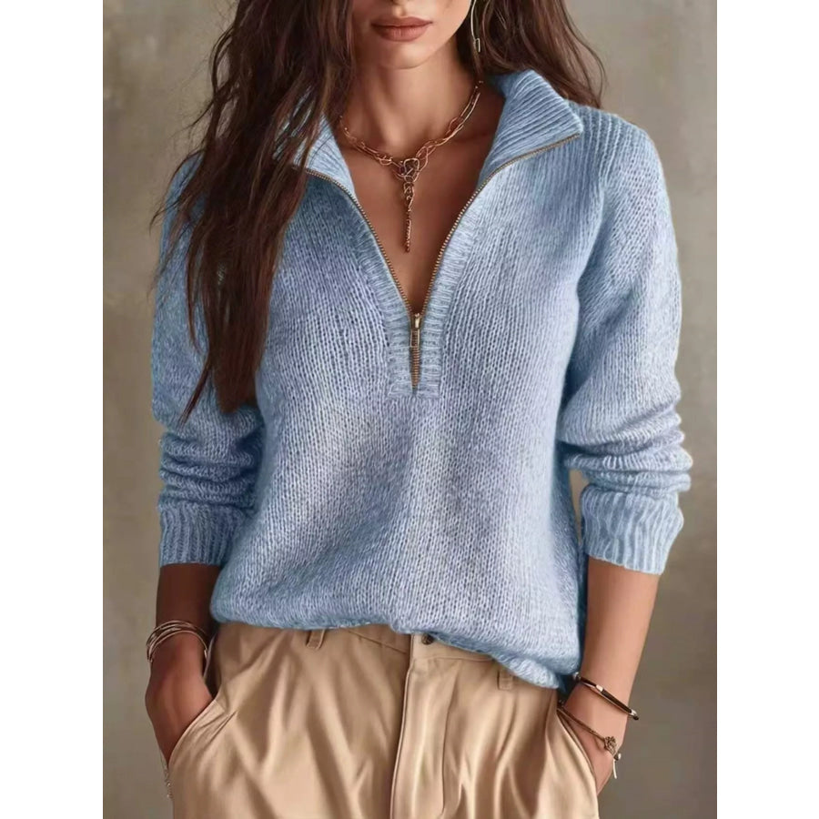 Half Zip Dropped Shoulder Sweater Sky Blue / S Apparel and Accessories