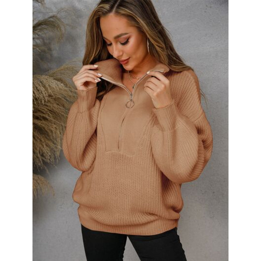 Half Zip Dropped Shoulder Sweater Tan / S Apparel and Accessories