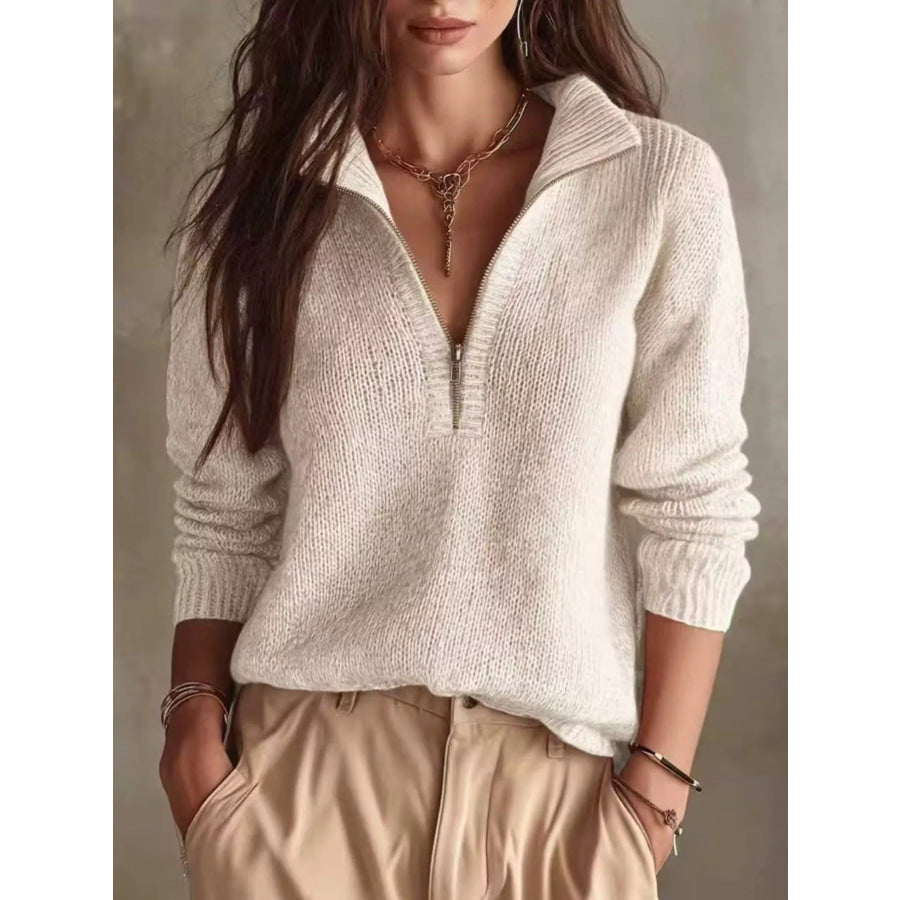 Half Zip Dropped Shoulder Sweater White / S Apparel and Accessories