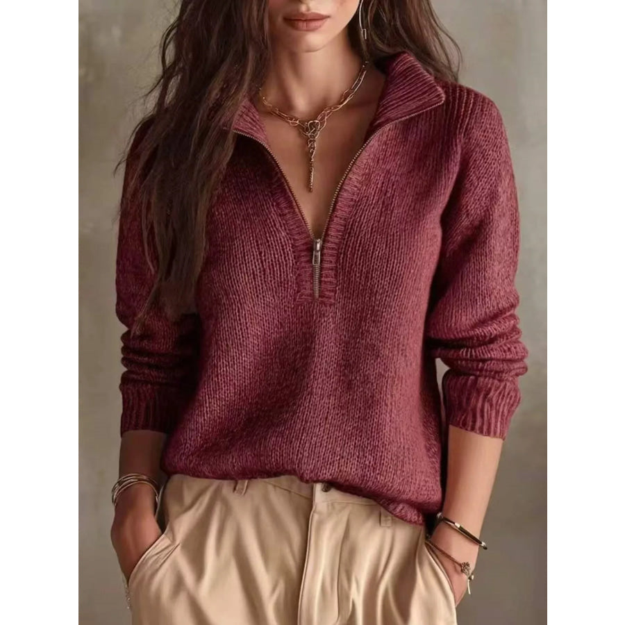 Half Zip Dropped Shoulder Sweater Wine Red / S Apparel and Accessories