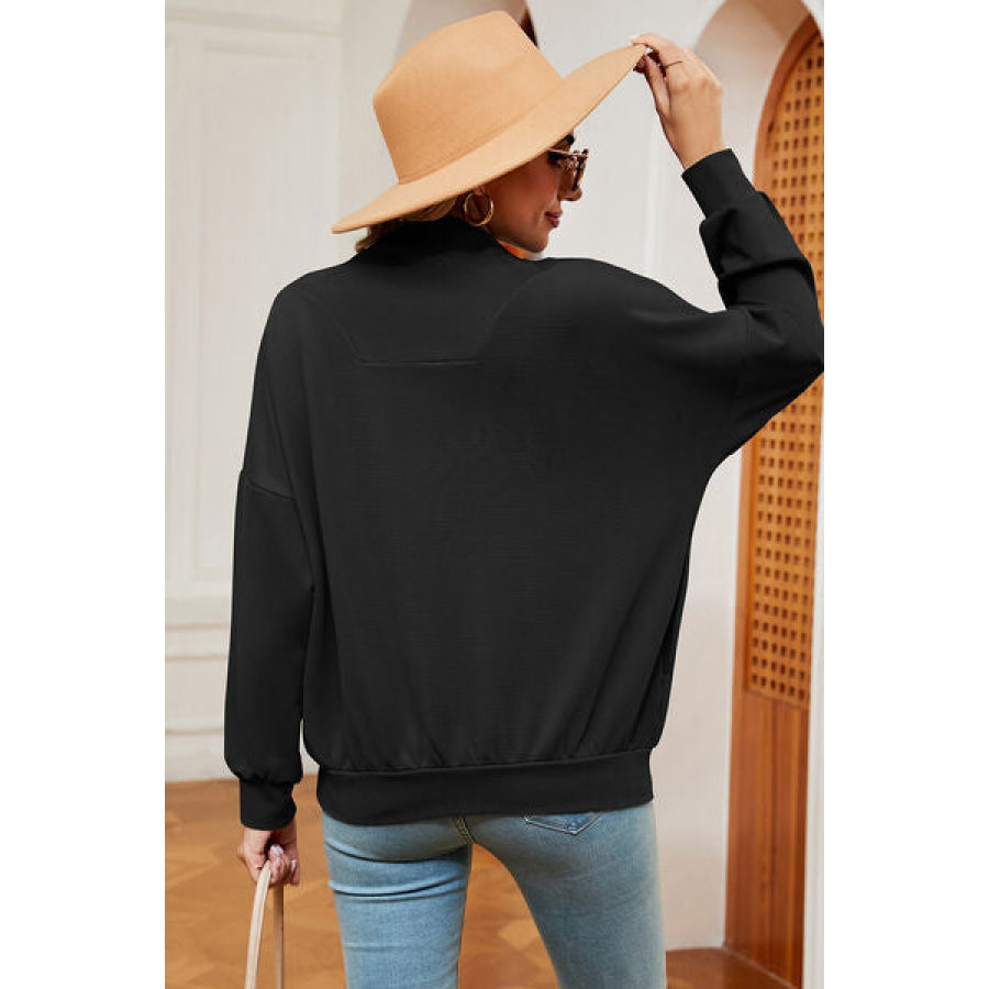 Half Zip Dropped Shoulder Sweatshirt Black / S Apparel and Accessories