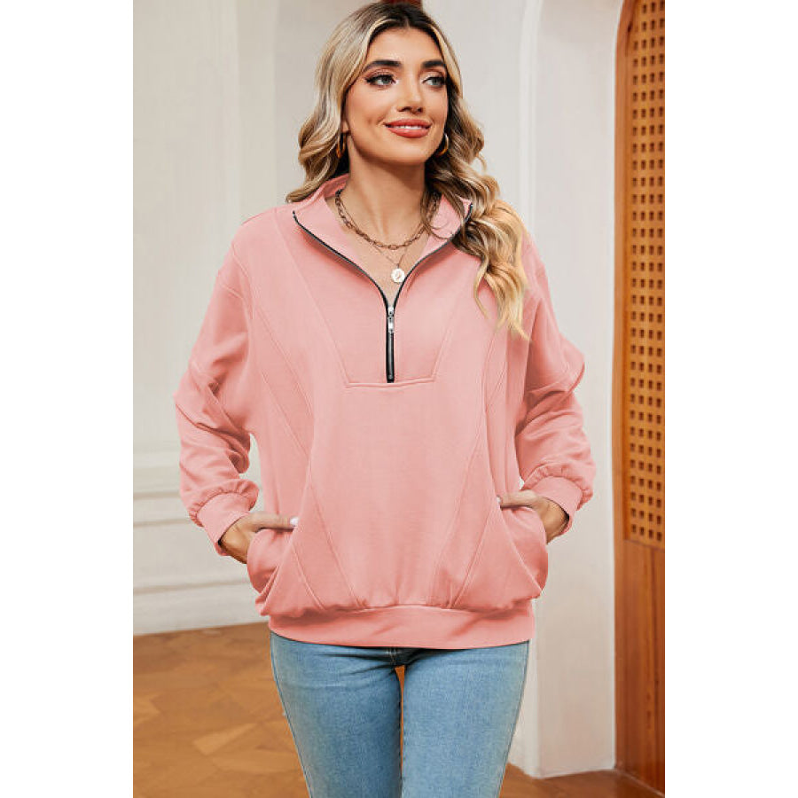 Half Zip Dropped Shoulder Sweatshirt Blush Pink / S Apparel and Accessories