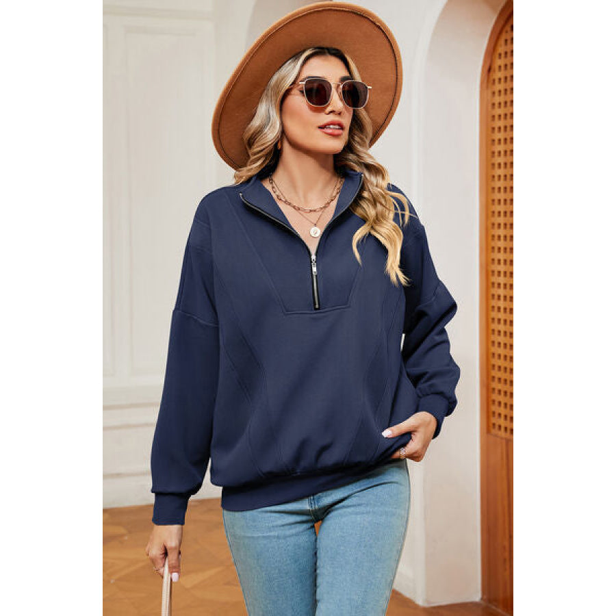 Half Zip Dropped Shoulder Sweatshirt Navy / S Apparel and Accessories
