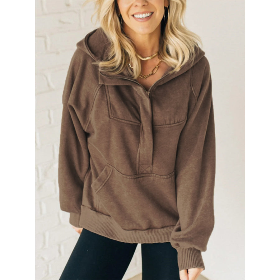 Half Zip Kangaroo Pocket Long Sleeve Hoodie Brown / S Apparel and Accessories