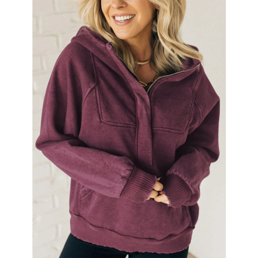 Half Zip Kangaroo Pocket Long Sleeve Hoodie Deep Purple / S Apparel and Accessories