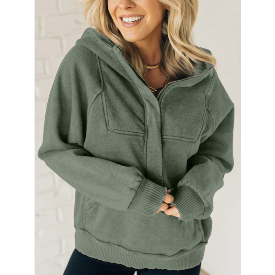 Half Zip Kangaroo Pocket Long Sleeve Hoodie Moss / S Apparel and Accessories