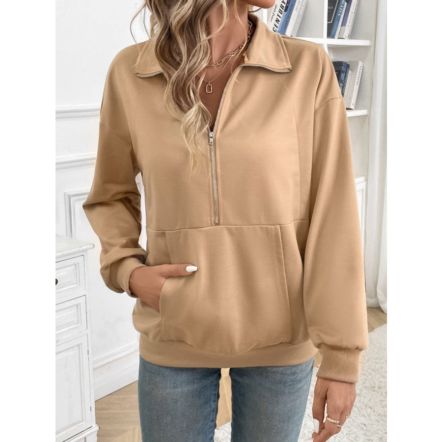 Half Zip Kangaroo Pocket Long Sleeve Sweatshirt Apparel and Accessories