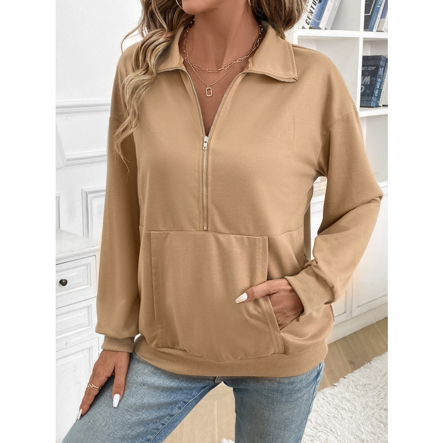 Half Zip Kangaroo Pocket Long Sleeve Sweatshirt Apparel and Accessories