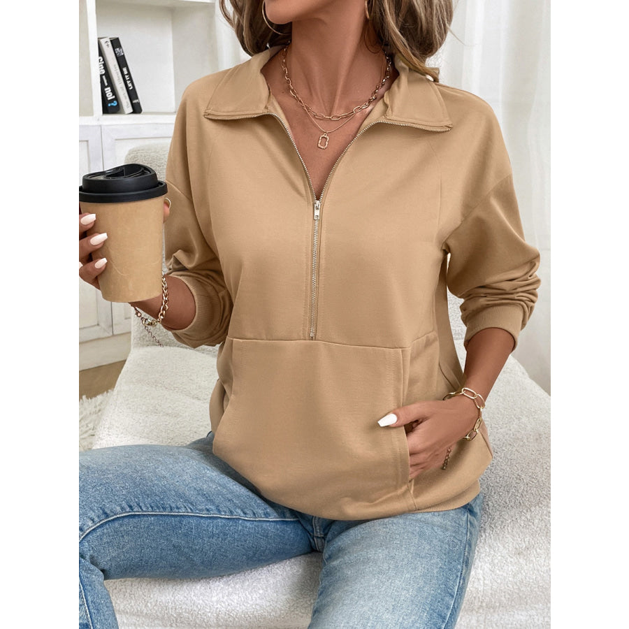 Half Zip Kangaroo Pocket Long Sleeve Sweatshirt Apparel and Accessories