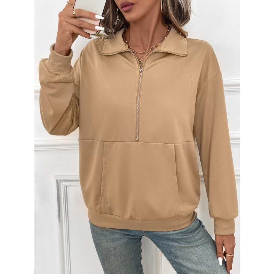 Half Zip Kangaroo Pocket Long Sleeve Sweatshirt Apparel and Accessories