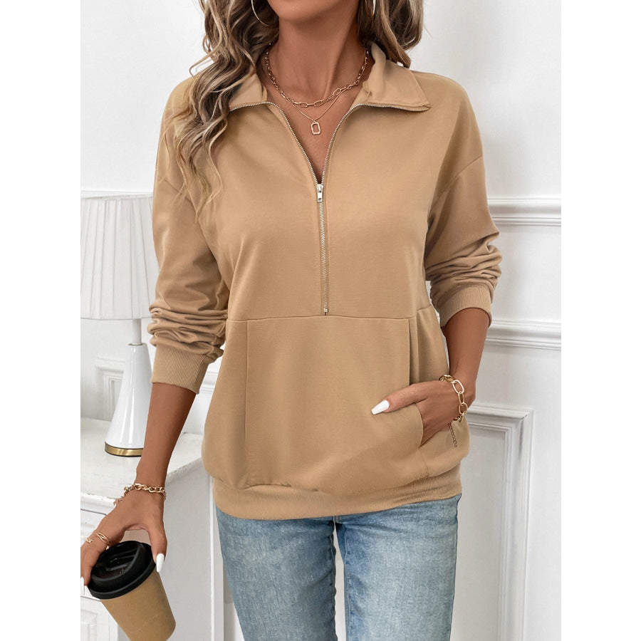 Half Zip Kangaroo Pocket Long Sleeve Sweatshirt Camel / S Apparel and Accessories