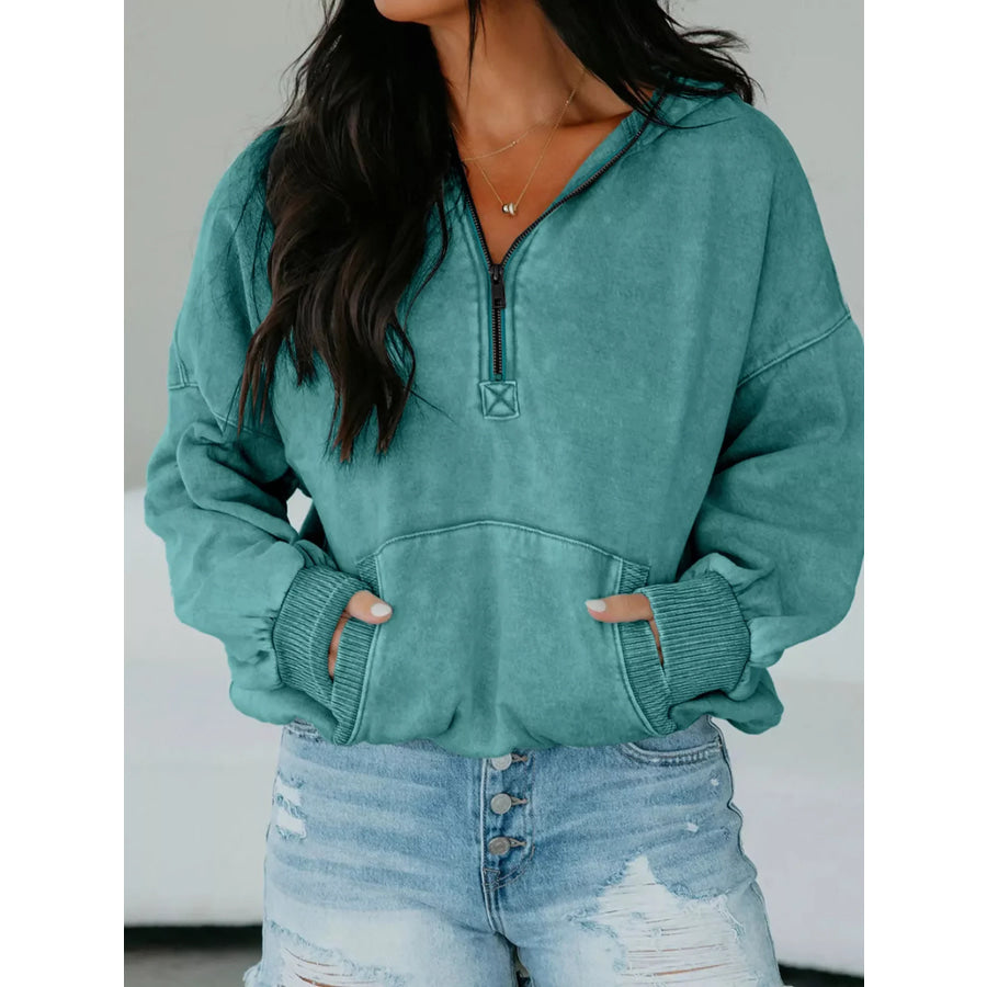 Half Zip Kangaroo Pocket Mineral Wash Baggy Hoodie Air Force Blue / S Apparel and Accessories