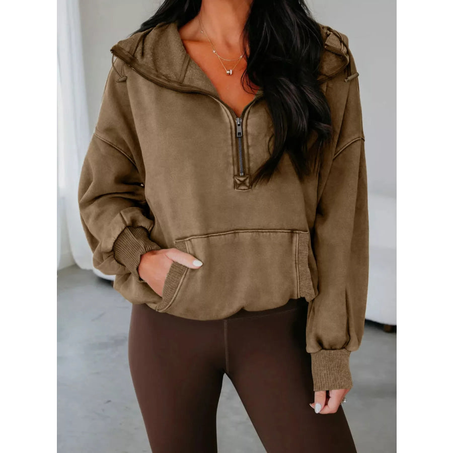 Half Zip Kangaroo Pocket Mineral Wash Baggy Hoodie Coffee Brown / S Apparel and Accessories