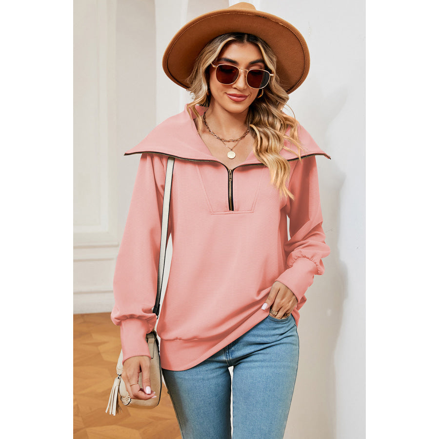 Half Zip Lantern Sleeve Sweatshirt Blush Pink / S Apparel and Accessories