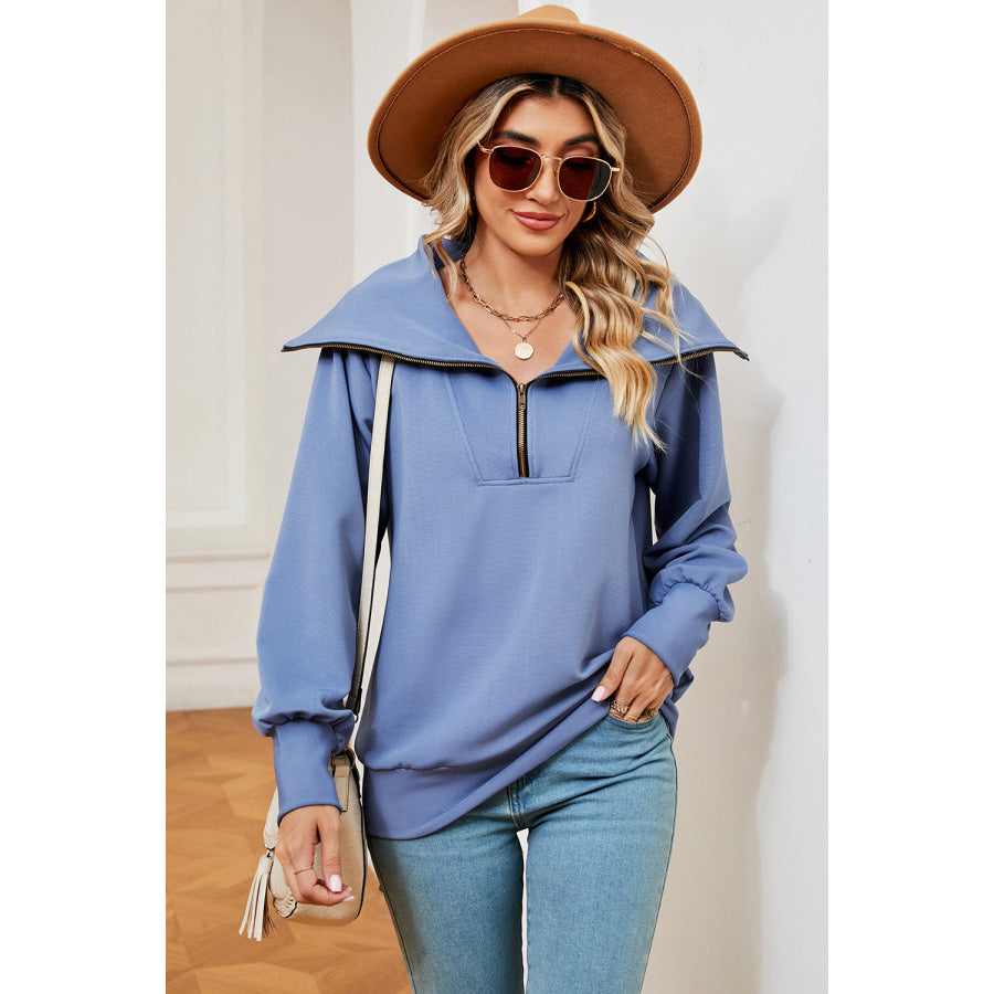 Half Zip Lantern Sleeve Sweatshirt Dusty Blue / S Apparel and Accessories