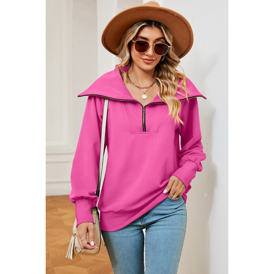 Half Zip Lantern Sleeve Sweatshirt Hot Pink / S Apparel and Accessories