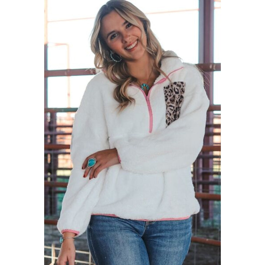 Half Zip Leopard Contrast Long Sleeve Sweatshirt Clothing