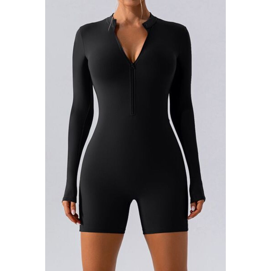 Half Zip Long Sleeve Active Romper Black / S Apparel and Accessories