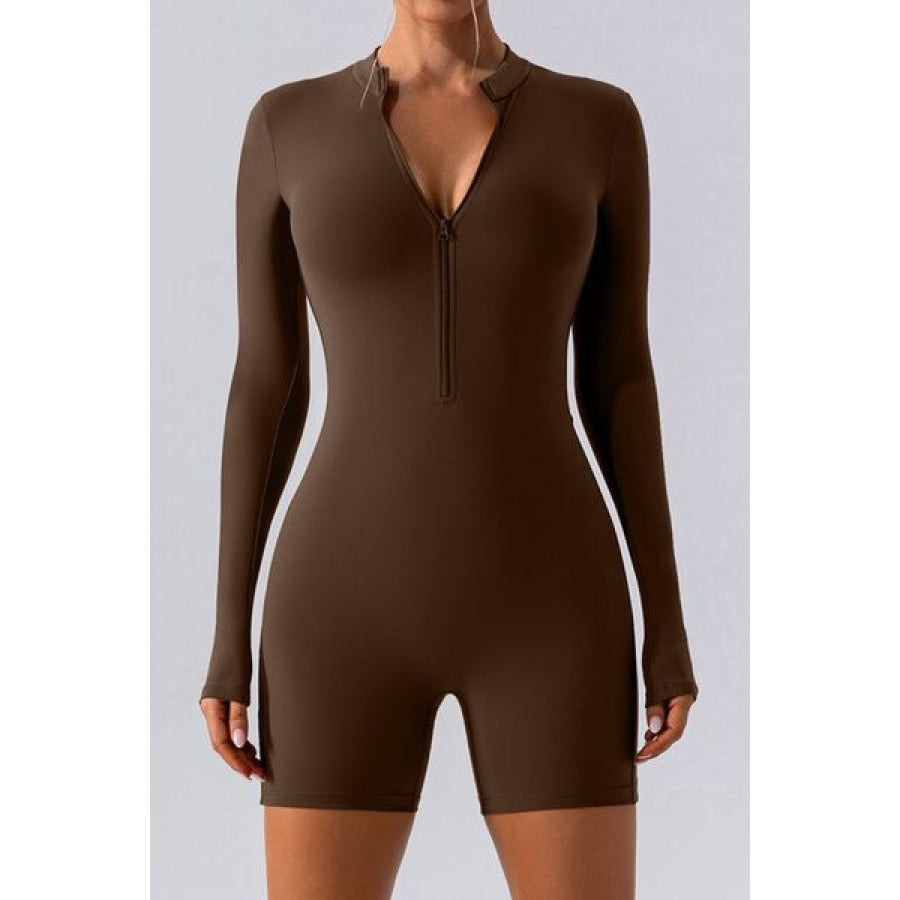 Half Zip Long Sleeve Active Romper Chocolate / S Apparel and Accessories