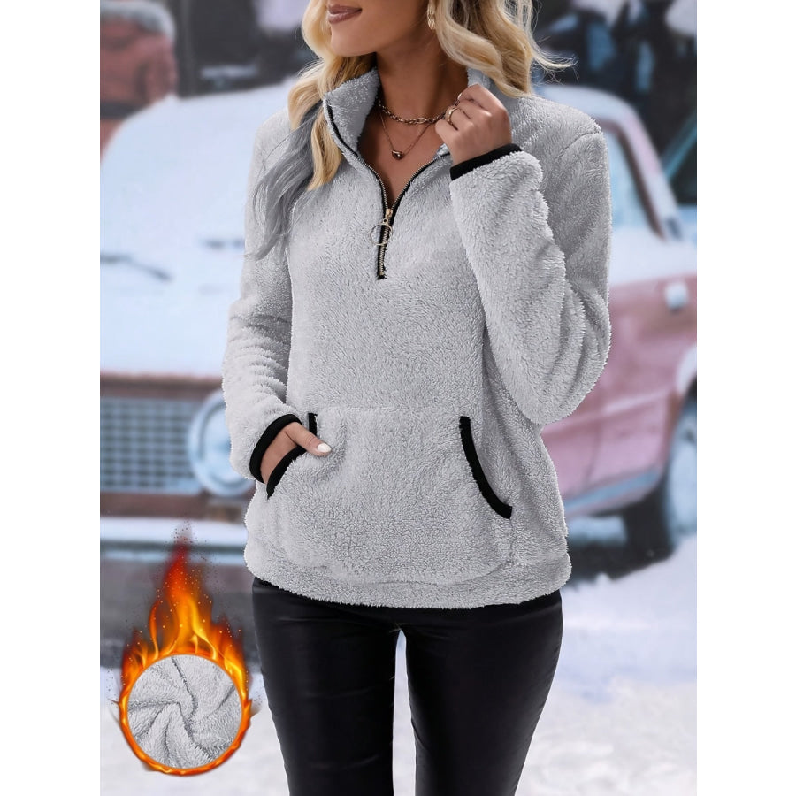 Half Zip Long Sleeve Furry Sweatshirt Light Gray / S Apparel and Accessories