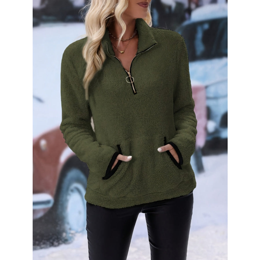 Half Zip Long Sleeve Furry Sweatshirt Army Green / S Apparel and Accessories
