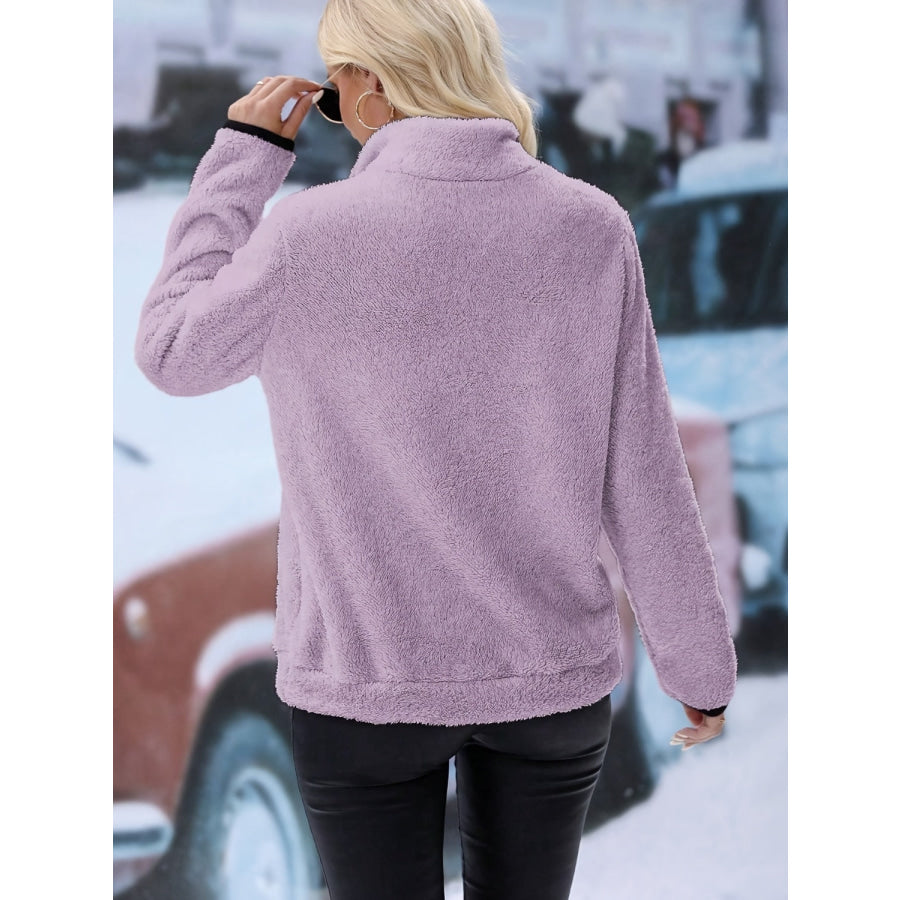Half Zip Long Sleeve Furry Sweatshirt Pink Purple / S Apparel and Accessories