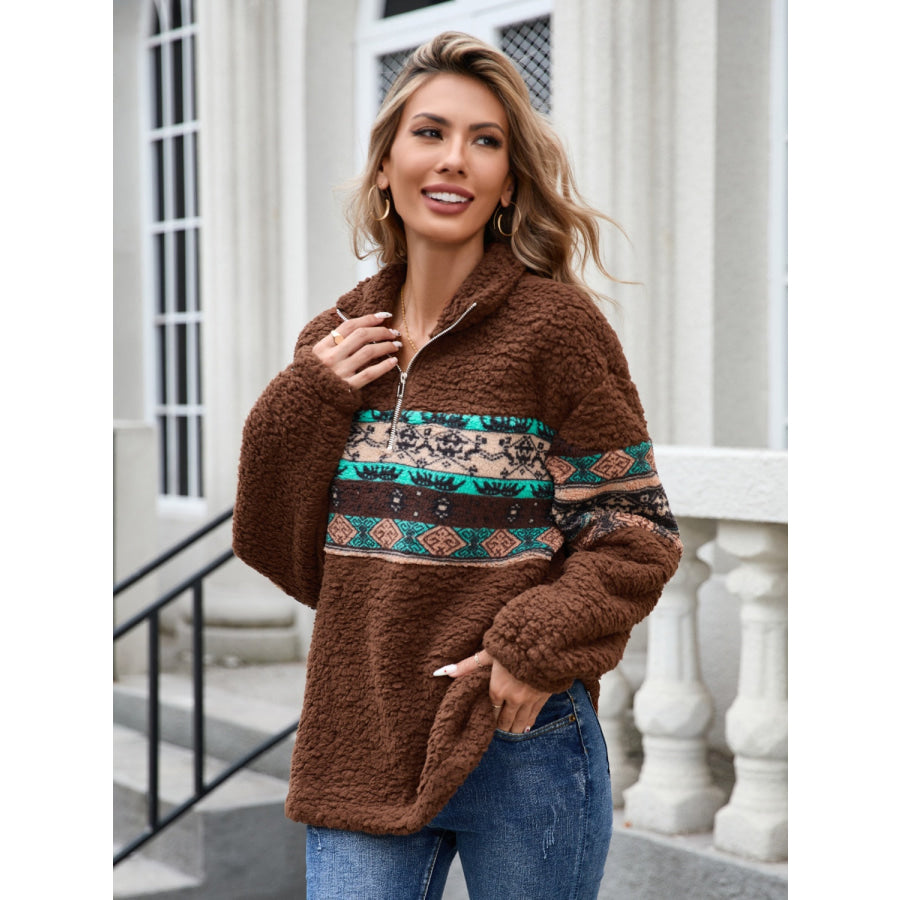 Half Zip Long Sleeve Fuzzy Top Apparel and Accessories