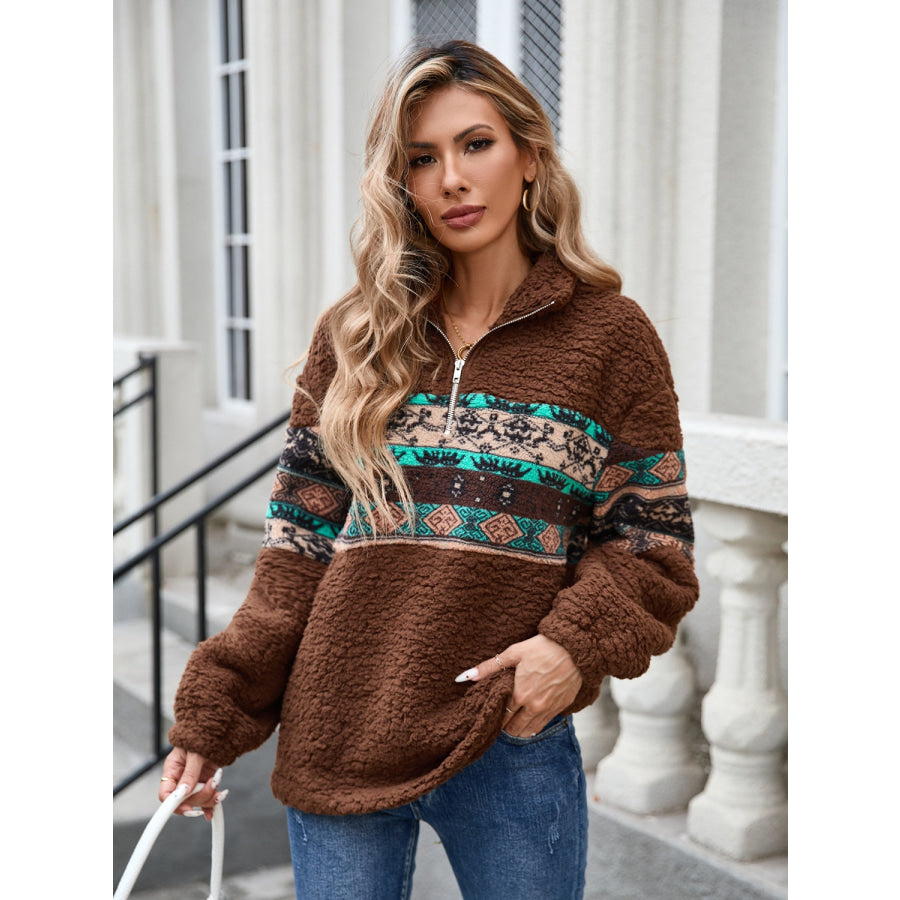 Half Zip Long Sleeve Fuzzy Top Brown / S Apparel and Accessories