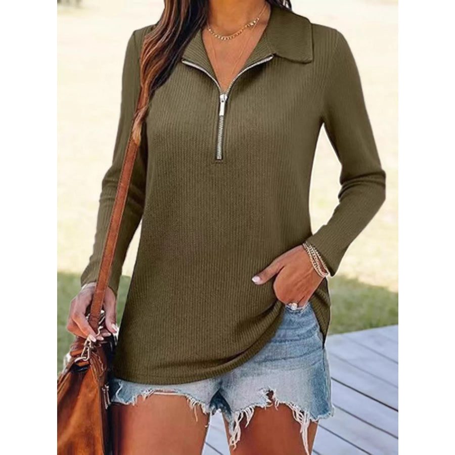 Half Zip Long Sleeve Knit Top Army Green / S Apparel and Accessories