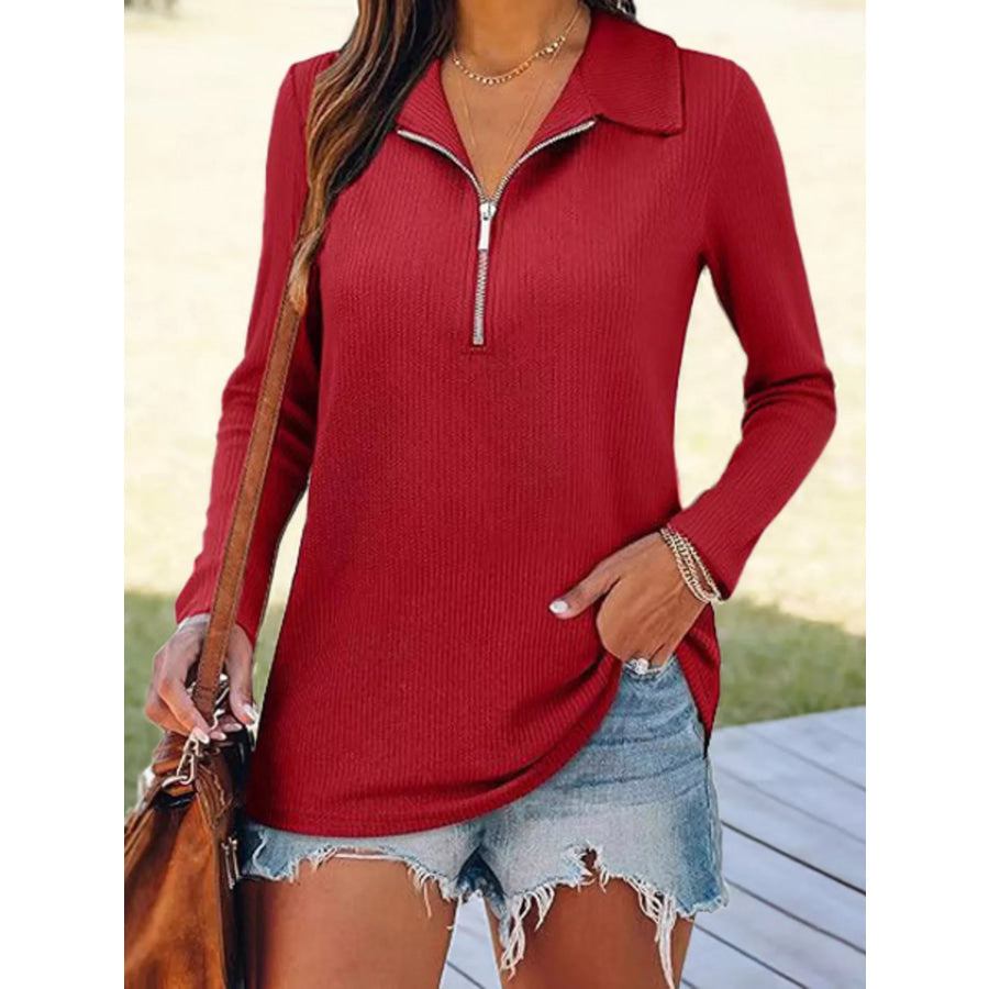Half Zip Long Sleeve Knit Top Burgundy / S Apparel and Accessories