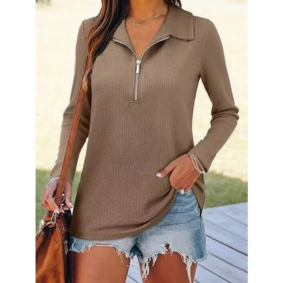 Half Zip Long Sleeve Knit Top Khaki / S Apparel and Accessories