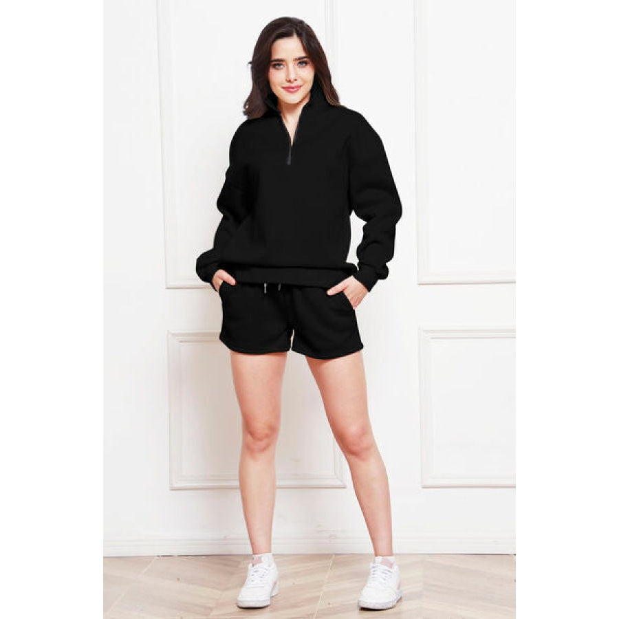 Half Zip Long Sleeve Sweatshirt and Drawstring Shorts Set Black / S Clothing