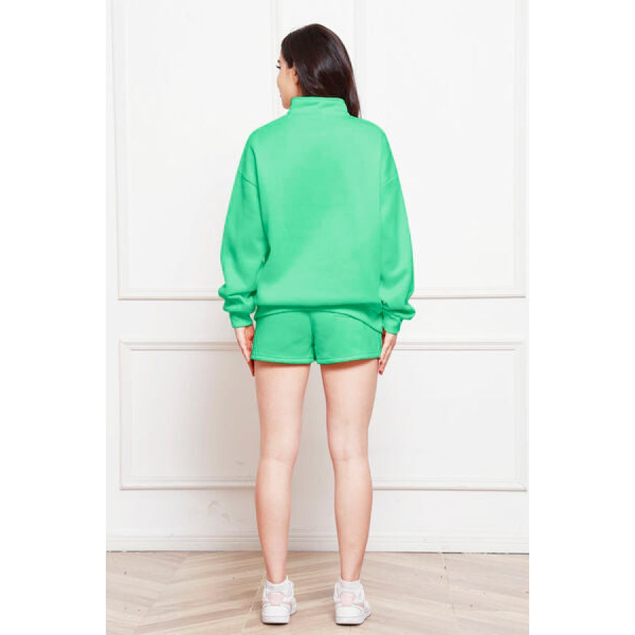 Half Zip Long Sleeve Sweatshirt and Drawstring Shorts Set Clothing