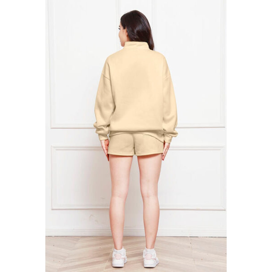 Half Zip Long Sleeve Sweatshirt and Drawstring Shorts Set Clothing