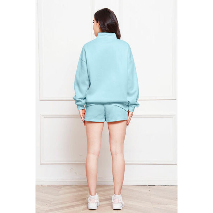 Half Zip Long Sleeve Sweatshirt and Drawstring Shorts Set Pastel Blue / S Clothing
