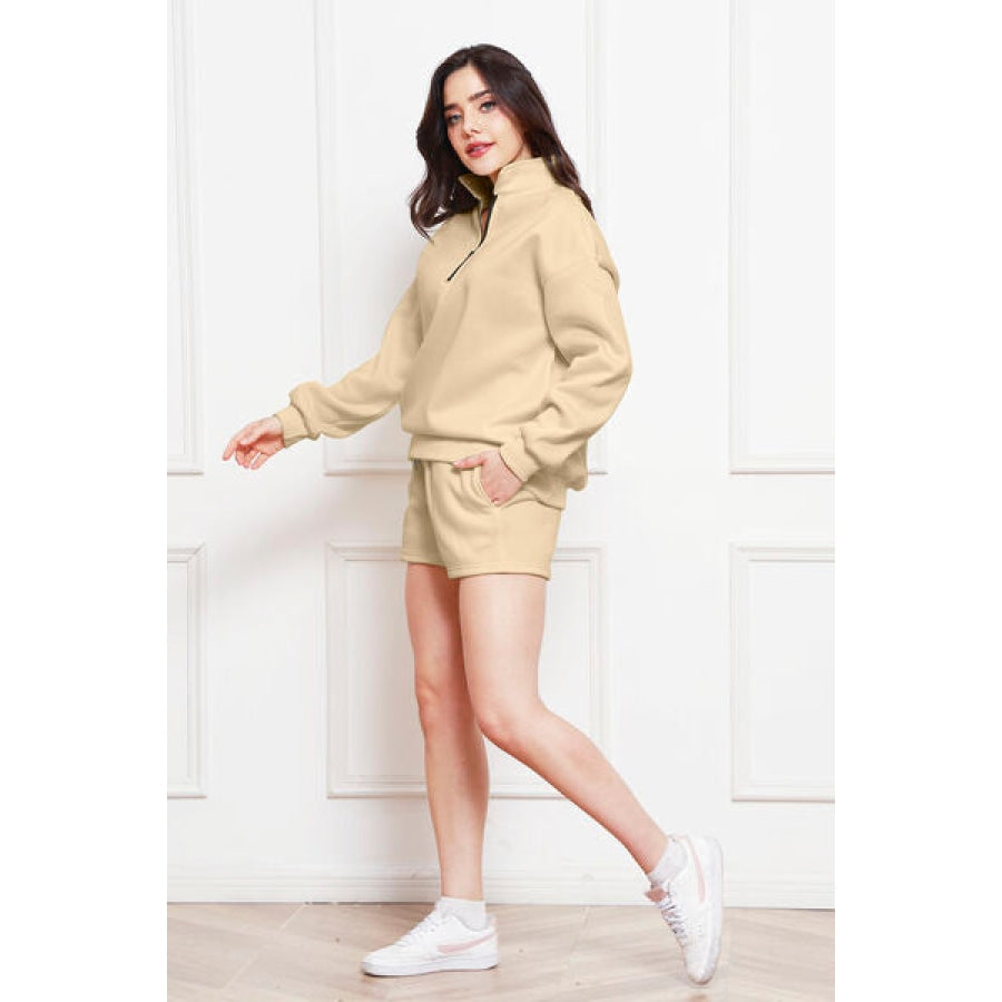 Half Zip Long Sleeve Sweatshirt and Drawstring Shorts Set Clothing