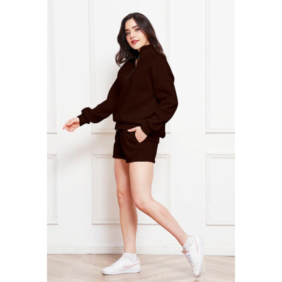 Half Zip Long Sleeve Sweatshirt and Drawstring Shorts Set Clothing