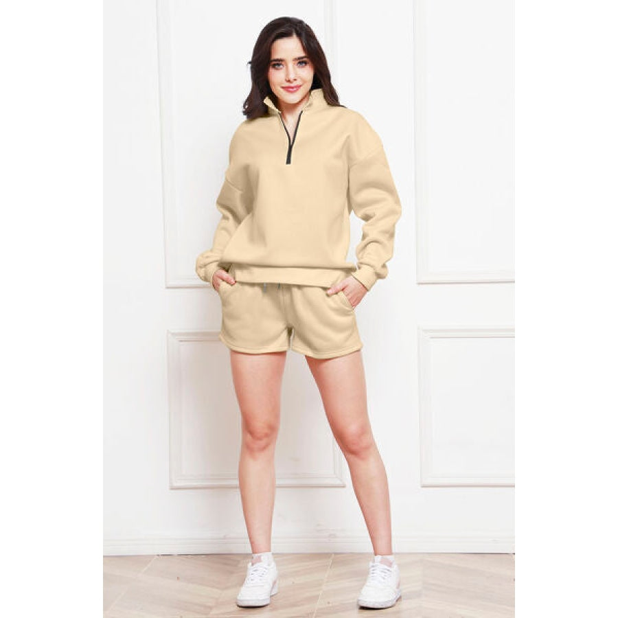 Half Zip Long Sleeve Sweatshirt and Drawstring Shorts Set Ivory / S Clothing