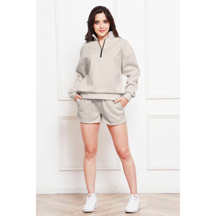 Half Zip Long Sleeve Sweatshirt and Drawstring Shorts Set Light Gray / S Clothing