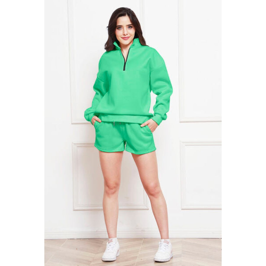 Half Zip Long Sleeve Sweatshirt and Drawstring Shorts Set Mint Green / S Clothing